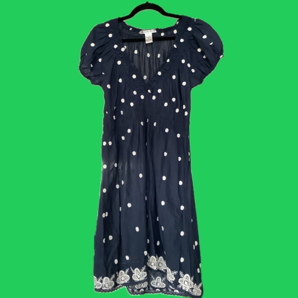 Navy Polka Dot Dress with White Embroidery